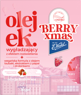 Różowa reklama olejku ONYBIO E.Wedel BERRY XMAS. Wygładzający z efektem rozświetlenia, z tsubaki i papają.
