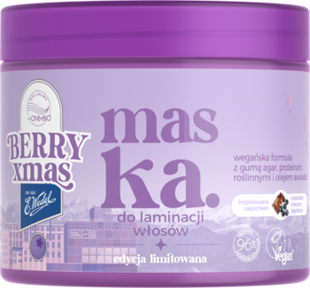 Fioletowa maska do laminacji włosów Berry Xmas w okrągłym słoiku, z napisem "mas Ka" i grafiką, widok z przodu.