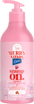 Różowy szampon BERRY xmas ON. w butelce z pompką, intensywnie oczyszczający, wegański, widok z przodu.