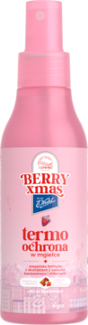 Różowy spray do włosów BERRY xmas termo ochrona w mgiełce Donegal z truskawką, widok butelki z przodu.