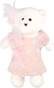 Biały pluszowy miś w różowej sukience z tiulowymi detalami i kokardą na uchu, widok z przodu.