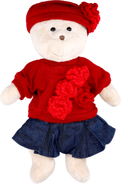 Pluszowy biały miś w czerwonej czapce i swetrze z pomponami, oraz granatowej spódniczce, widok z przodu.