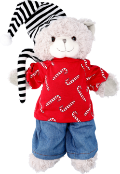 Miś pluszowy w czerwonej koszulce z cukrowymi laskami, niebieskich jeansach i czarno-białym pasiastym czepku.