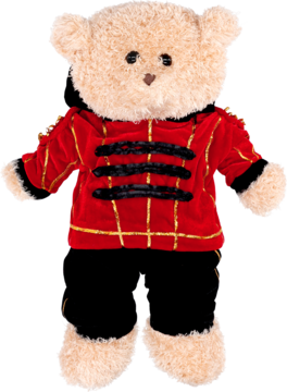 Beżowy pluszowy miś w czerwonym aksamitnym uniformie ze złotymi detalami i czarnymi spodniami, widok z przodu.