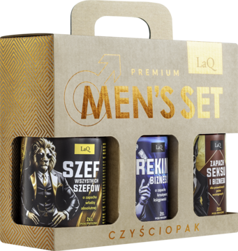 LaQ Czyściopak Premium Men's Set: brązowe pudełko z 3 żelami 500ml: Szef Wszystkich Szefów, Rekin Biznesu, Zapach Seksu i Biznesu.