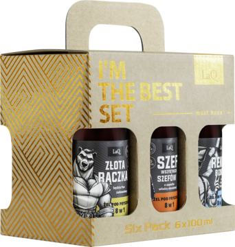 Brązowy zestaw "I'M THE BEST SET" 6x100ml żeli pod prysznic męskich: Złota Rączka, Szef, Rekin Biznesu.