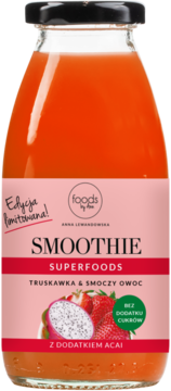 Foods by Ann smoothie truskawka & smoczy owoc z acai, bez cukru. Szklana butelka, pomarańczowy napój, widok z przodu.