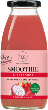 Limitowana edycja różowego smoothie Foods by Anna Truskawka, Smoczy Owoc i Acai, bez cukru, butelka, widok z przodu.