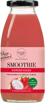 Limitowana edycja różowego smoothie Foods by Anna Truskawka, Smoczy Owoc i Acai, bez cukru, butelka, widok z przodu.