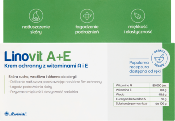 Linovit A+E krem ochronny z witaminami. Biało-zielone opakowanie, przód, z ikonami dla suchej skóry.
