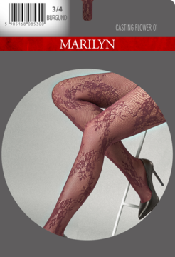 Zbliżenie na nogi modelki w burgundowych rajstopach Marilyn Casting Flower z żakardowym kwiatowym wzorem.