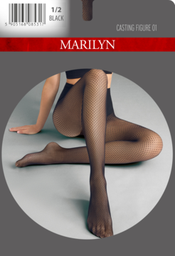 Czarne żakardowe rajstopy kabaretki Marylin Casting Figure 01 z drobnym wzorem na nodze modelki, przód.