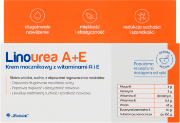 Linourea A+E krem mocznikowy, biało-pomarańczowe pudełko z ikonami nawilżenia i miękkości.