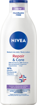 Biała butelka NIVEA Repair & Care balsamu do ciała, widok z przodu, bez zapachu, 72h nawilżenia dla suchej skóry.