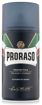 Proraso Protective pianka do golenia z aloesem i witaminą E, ciemnoniebieska puszka, widok z przodu.