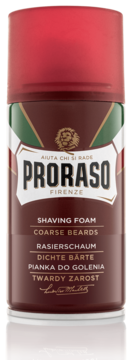 Proraso pianka do golenia do twardego zarostu w brązowej puszce z czerwoną nakrętką, widok z przodu.