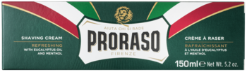 Proraso Refreshing Shaving Cream w zielonym pudełku z włoską flagą, widok z przodu, z napisem 150ml.