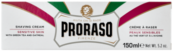 Proraso krem do golenia Sensitive Skin z zieloną herbatą i owsem, w białym pudełku z włoską flagą, widok z przodu.
