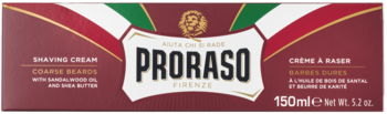 Proraso Shaving Cream Coarse Beards, czerwone opakowanie z flagą Włoch, z olejkiem sandałowym i masłem shea.