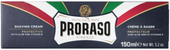 Proraso Protective Shaving Cream w granatowym opakowaniu z włoskimi barwami, z aloesem i witaminą E, widok z przodu.