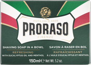 Proraso Refreshing Shaving Soap, green box with Italian flag striping. Eucalyptus oil and menthol for fresh shave.