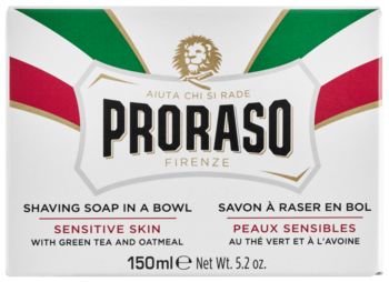 Proraso Mydło do golenia Sensitive Skin, białe pudełko z włoskimi barwami, zieloną herbatą i owsem, widok z przodu.