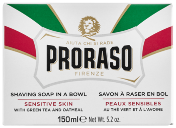 Proraso Mydło do golenia Sensitive Skin, białe pudełko z włoskimi barwami, zieloną herbatą i owsem, widok z przodu.