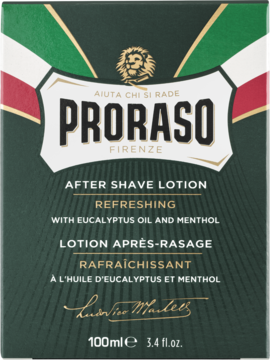 Zielony kartonik Proraso After Shave Lotion z olejkiem eukaliptusowym i mentolem, 100ml, odświeżający, widok z przodu.