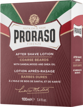 Proraso After Shave Lotion 100ml do zarostu, bordowe opakowanie z flagą Włoch, widok z przodu pod kątem.