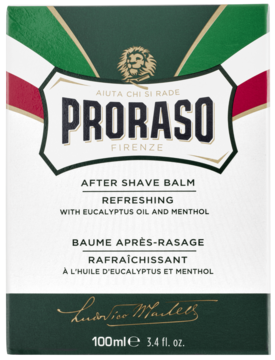 Proraso Refreshing After Shave Balm, biało-zielone pudełko z olejkiem eukaliptusowym i mentolem, widok z przodu.