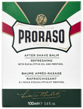 Proraso Refreshing After Shave Balm, biało-zielone pudełko z olejkiem eukaliptusowym i mentolem, widok z przodu.