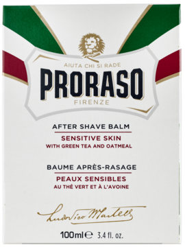 Proraso After Shave Balm Sensitive Skin, biały kartonik z akcentami włoskiej flagi, zielona herbata i owies.