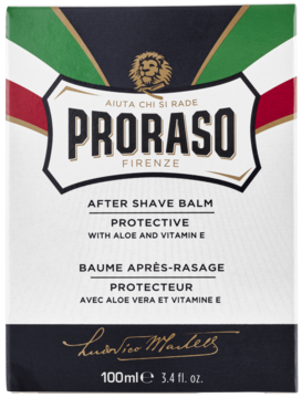 Proraso After Shave Balm Protective, białe pudełko z flagą Włoch, napis Aloe i Witamina E, widok z przodu.