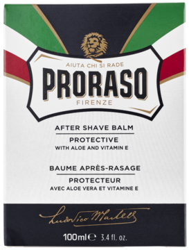 Proraso After Shave Balm Protective, białe pudełko z flagą Włoch, napis Aloe i Witamina E, widok z przodu.