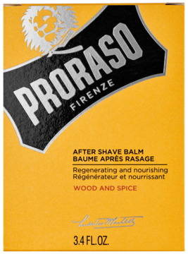 Proraso Balsam po Goleniu Wood & Spice w żółtym pudełku, czarna etykieta z lwem, regenerujący, widok z przodu.