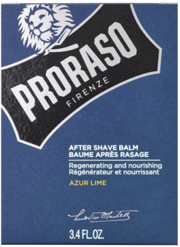 Niebieskie opakowanie Proraso Azur Lime After Shave Balm 3.4oz, z białym logo lwa i napisem, widok z przodu.