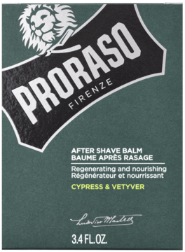 Zielone pudełko balsamu po goleniu Proraso Cypress & Vetyver, widok z przodu. Białe logo lwa, napis: Regenerating and nourishing.