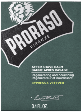 Zielone pudełko balsamu po goleniu Proraso Cypress & Vetyver, widok z przodu. Białe logo lwa, napis: Regenerating and nourishing.