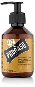 Proraso Beard Wash Wood and Spice w brązowej butelce z czarną pompką, widok z przodu, złota etykieta.