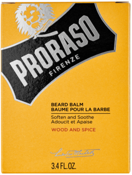 Żółto-pomarańczowe opakowanie balsamu do brody Proraso Wood and Spice, przód z czarną etykietą i srebrnym tekstem.