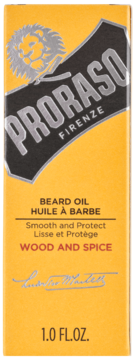 Żółte pudełko Proraso Beard Oil Wood and Spice, z lwem i napisem Firenze, widok z przodu, 1.0 FL.OZ.