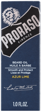 Proraso Azur Lime Beard Oil w ciemnoniebieskim pudełku z białym logo lwa i napisem, widok z przodu, 1.0 FL.OZ.