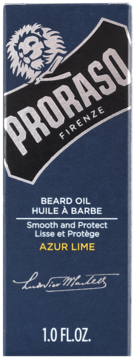 Proraso Azur Lime Beard Oil w ciemnoniebieskim pudełku z białym logo lwa i napisem, widok z przodu, 1.0 FL.OZ.