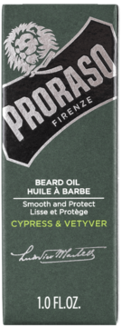 Proraso Beard Oil Cypress & Vetyver w ciemnozielonej butelce 1.0 FL.OZ, widok z przodu z białym logo lwa.