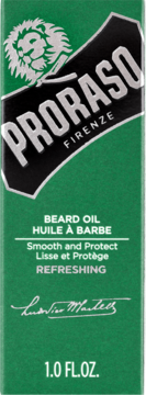 Proraso Refreshing Beard Oil, zielone opakowanie z lwem i czarną etykietą, widok z przodu. Napis: 1.0 FL.OZ.