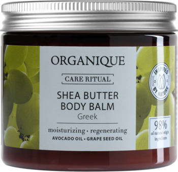 Organique Care Ritual Shea Butter Body Balm Greek, słoik z zieloną etykietą i metalową nakrętką, widok z przodu.