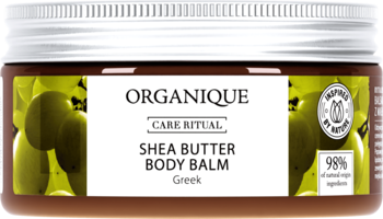 Organique Shea Butter Body Balm Greek, brązowy słoik, srebrna nakrętka, biała etykieta, 98% składników nat., widok z przodu.