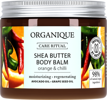 Organique Shea Butter Body Balm Orange & Chilli, brązowy słoik z papryczkami i pomarańczami, widok z przodu.