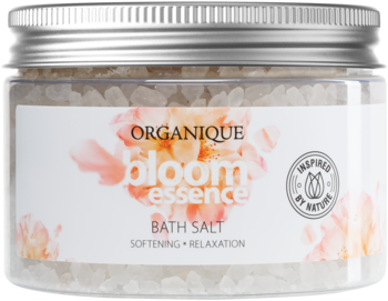 Organique Bloom Essence sól do kąpieli z kłodawską solą, srebrna zakrętka, kwiatowy motyw, widok z przodu.