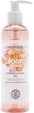Organique Bloom Essence żel do higieny intymnej z japońską wiśnią, różowy płyn w przezroczystej butelce z białą pompką, widok z przodu.